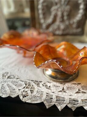 Fenton Orange, Carnival Marigold glass bowls, vintage